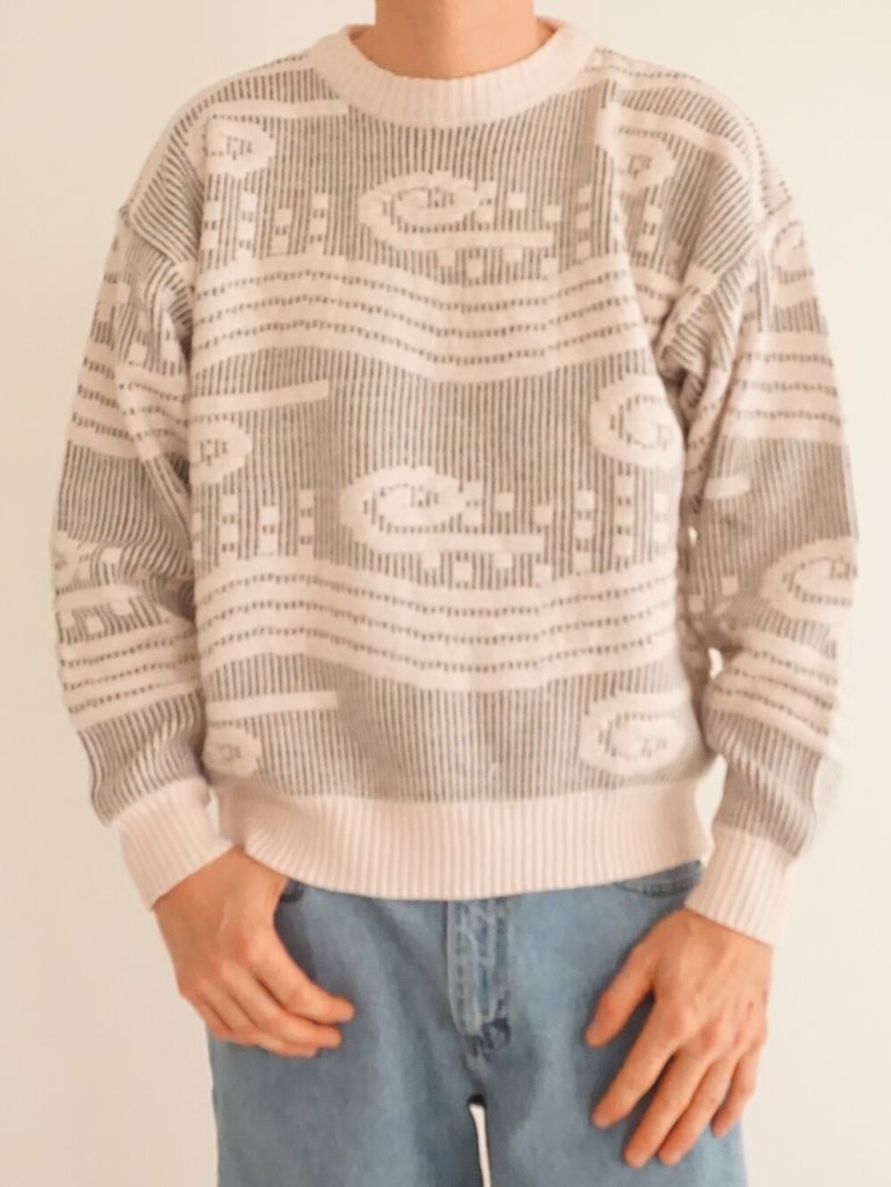 Vintage Koman Pale Pink Charcoal Grey Tropical Fish Geometric Designer Sweater M